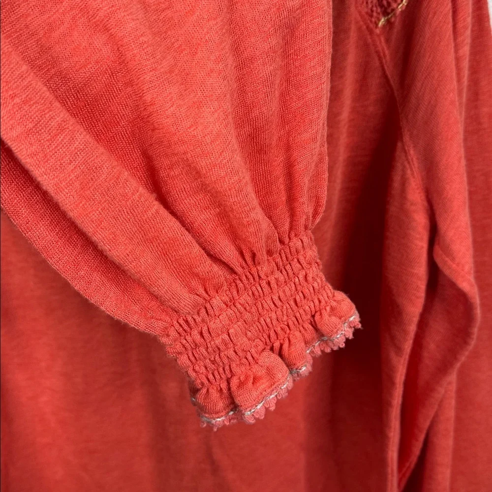 Free People Large Coral Pink Embroidered Large Thermal Henley Top We The Free